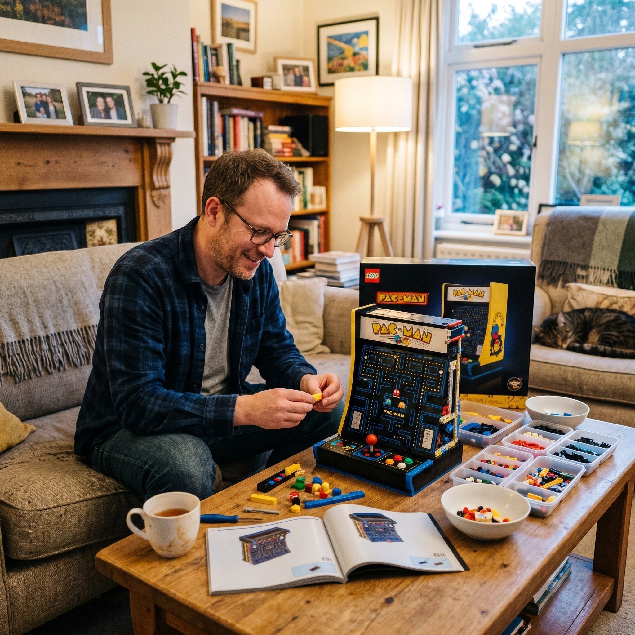 A Brick Apart LEGO Icons PAC-MAN Arcade set being assembled by a man in a cozy living room with sorted bricks.