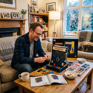 A Brick Apart LEGO Icons PAC-MAN Arcade set being assembled by a man in a cozy living room with sorted bricks.