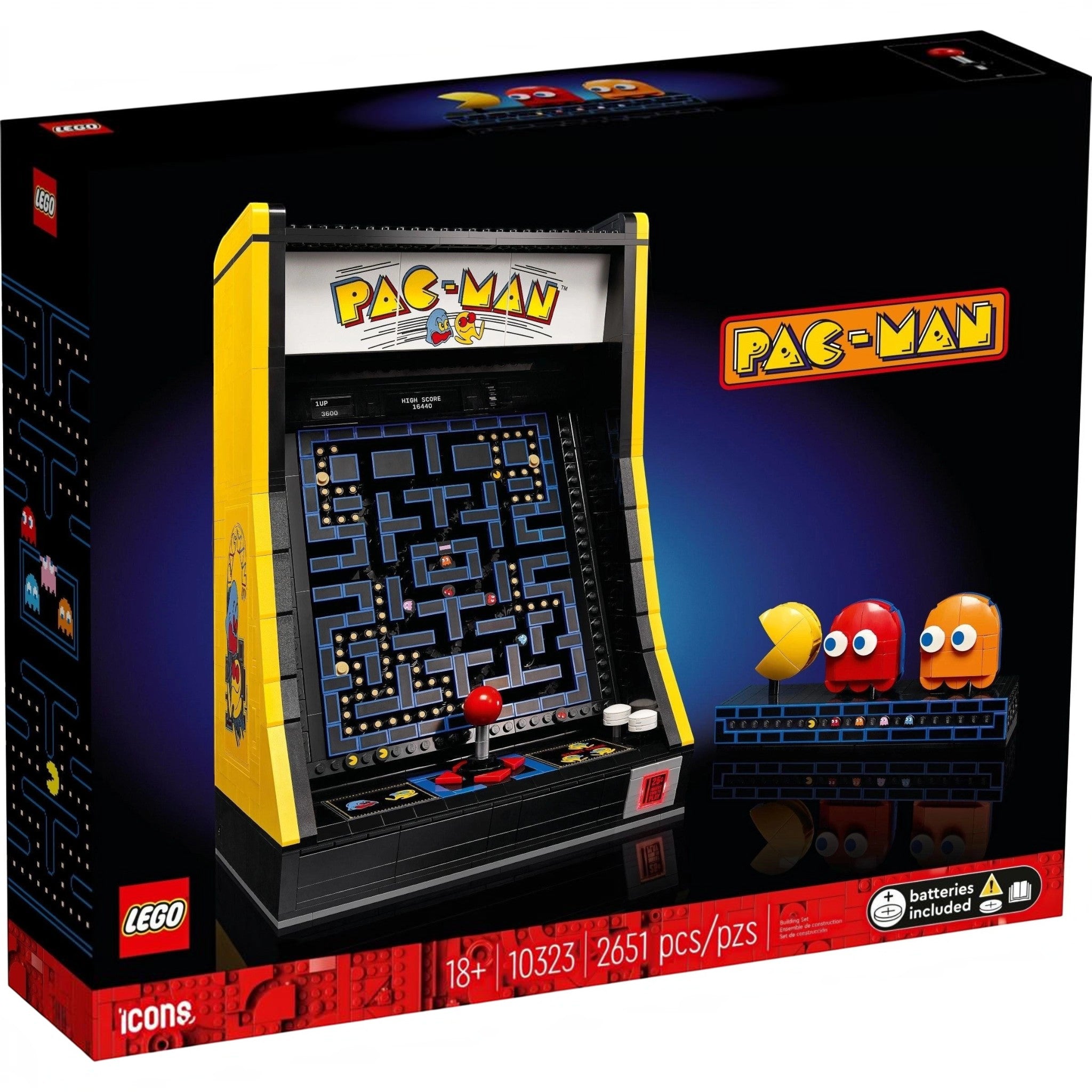 A Brick Apart LEGO Icons PAC-MAN Arcade cabinet building set with maze screen, joystick, and rotatable character figures.