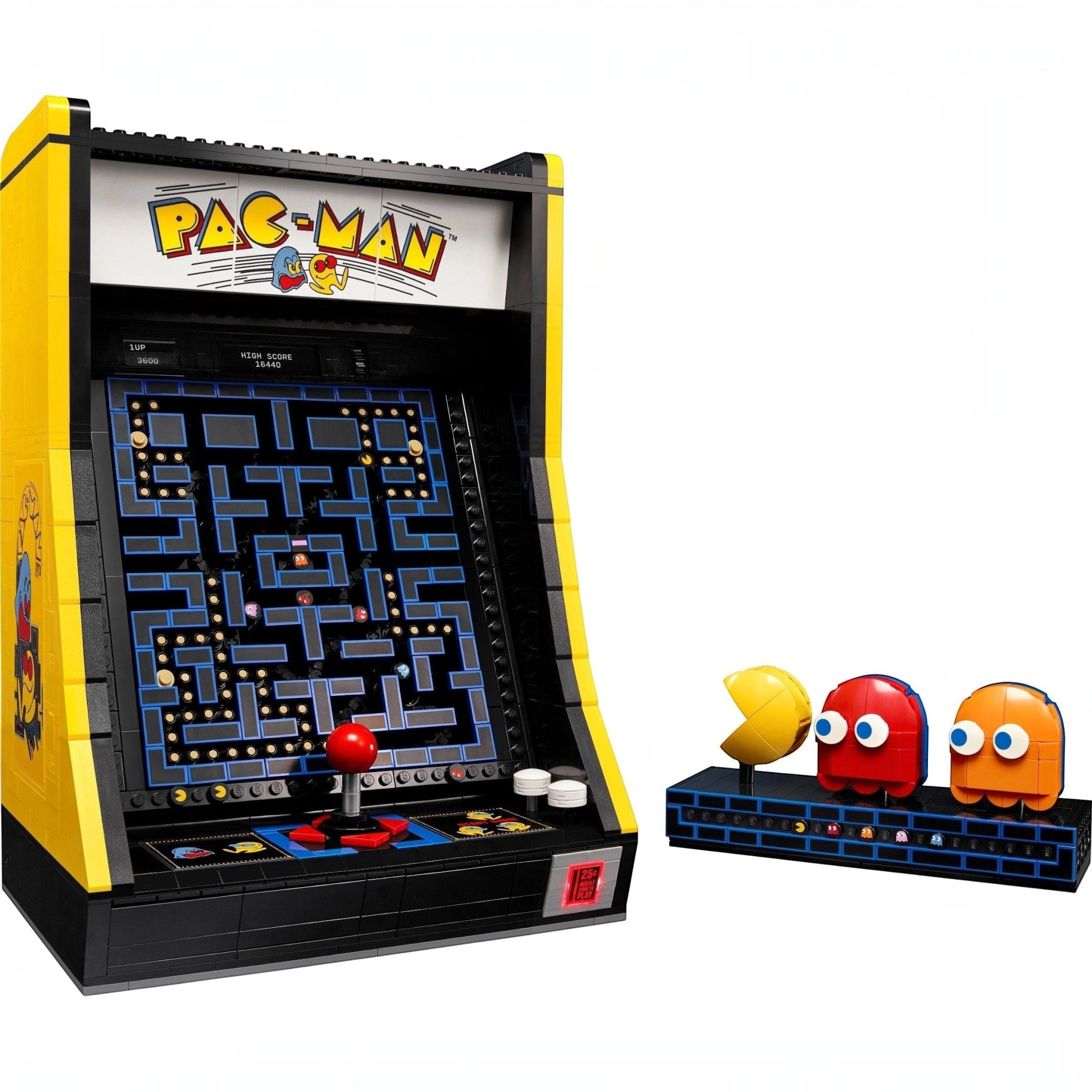A Brick Apart LEGO Icons PAC-MAN arcade cabinet set with a mechanical maze, joystick, and rotatable character figures.