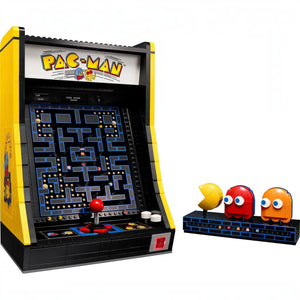 A Brick Apart LEGO Icons PAC-MAN arcade cabinet set with a mechanical maze, joystick, and rotatable character figures.
