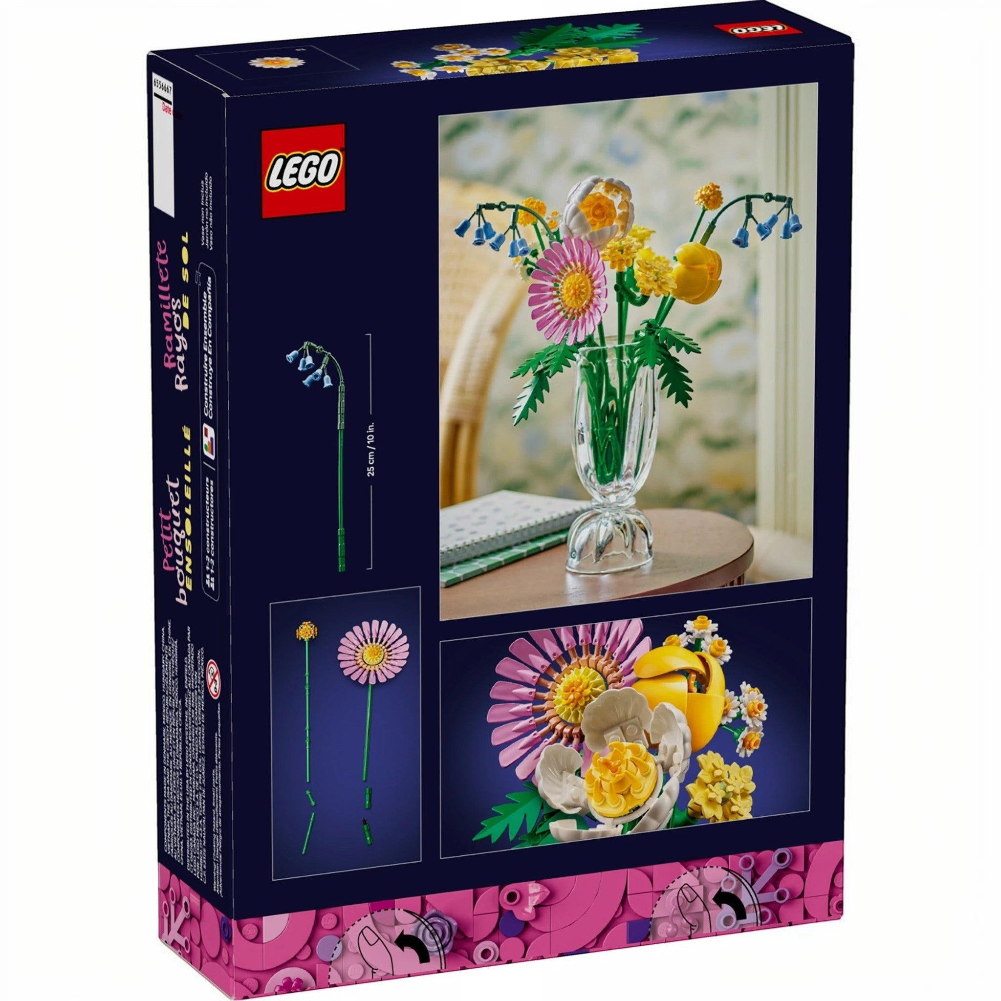 A Brick Apart LEGO Botanicals Petite Sunny Bouquet building set box showing a pastel flower arrangement in a vase.