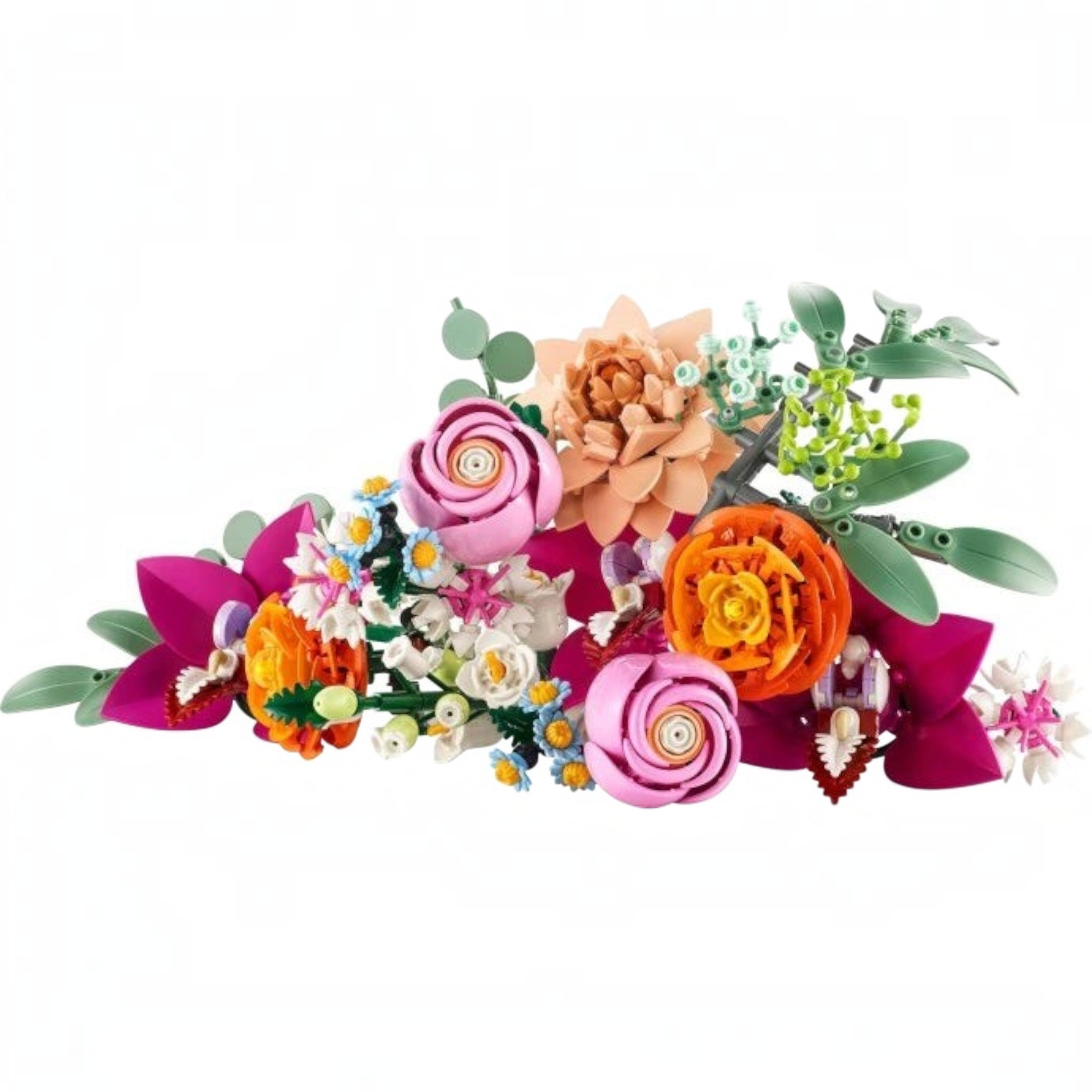 A Brick Apart LEGO Botanicals Pretty Pink Flower Bouquet featuring diverse colorful plastic flowers and green stems.