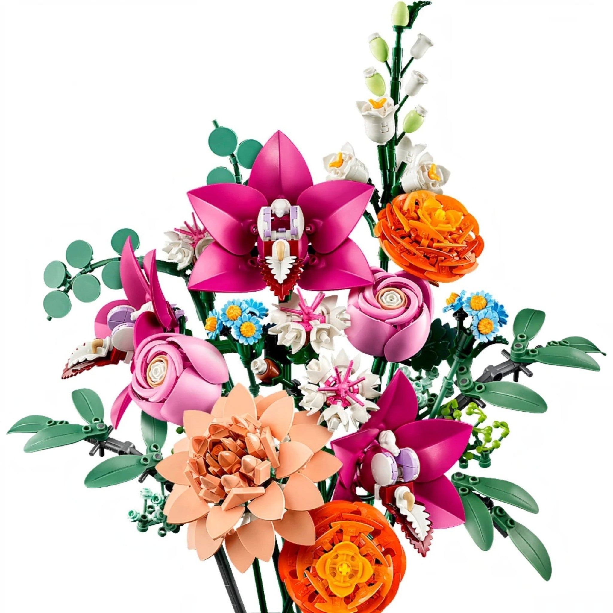 A Brick Apart LEGO Botanicals Pretty Pink Flower Bouquet featuring vibrant pink, orange, and blue plastic flowers.