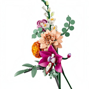 A Brick Apart LEGO Botanicals Pretty Pink Flower Bouquet featuring adjustable stems of roses, orchids, and daisies.