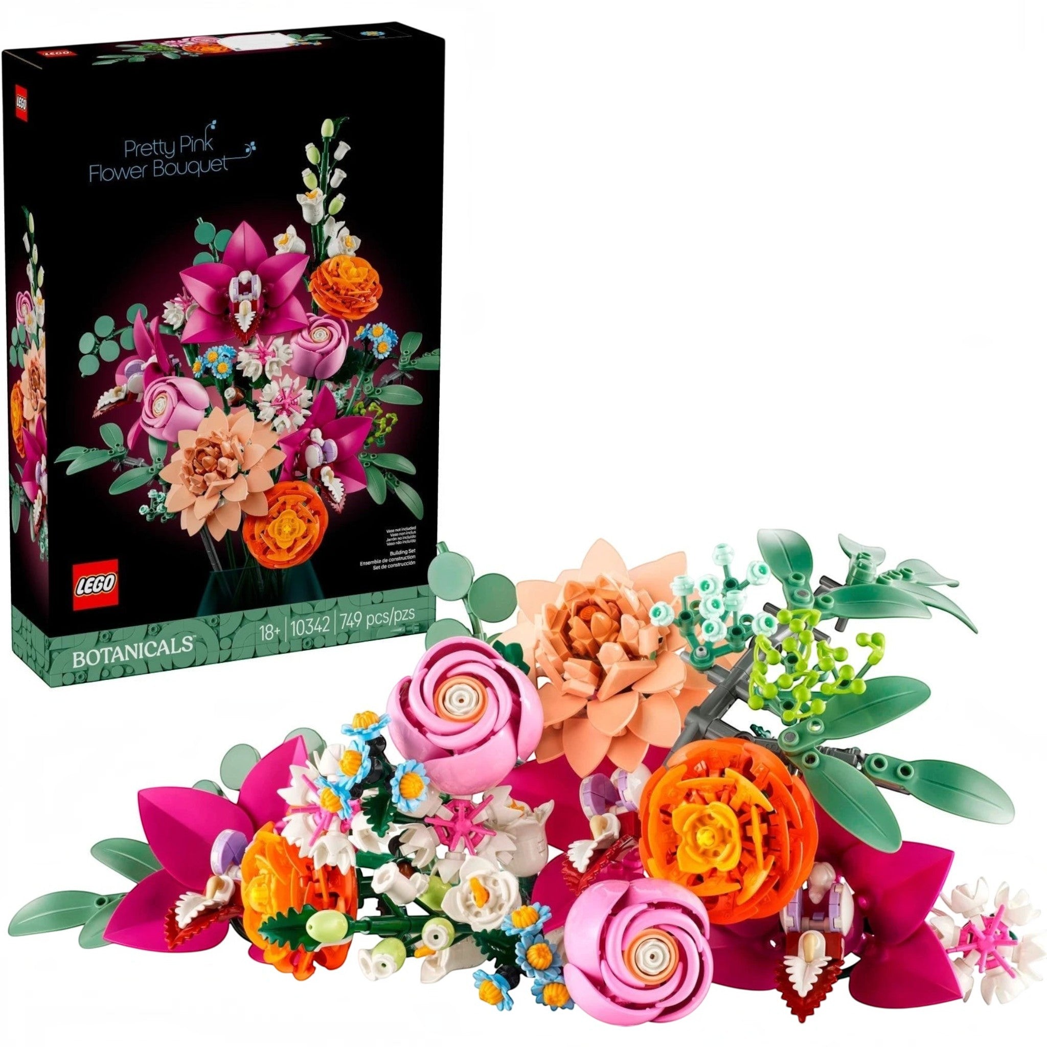 A Brick Apart LEGO Botanicals Pretty Pink Flower Bouquet set featuring vibrant plastic roses, orchids, and daisies.