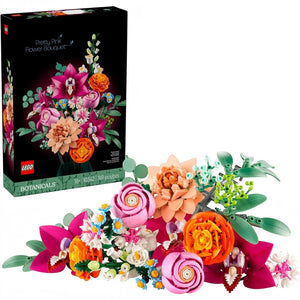 A Brick Apart LEGO Botanicals Pretty Pink Flower Bouquet set featuring vibrant plastic roses, orchids, and daisies.