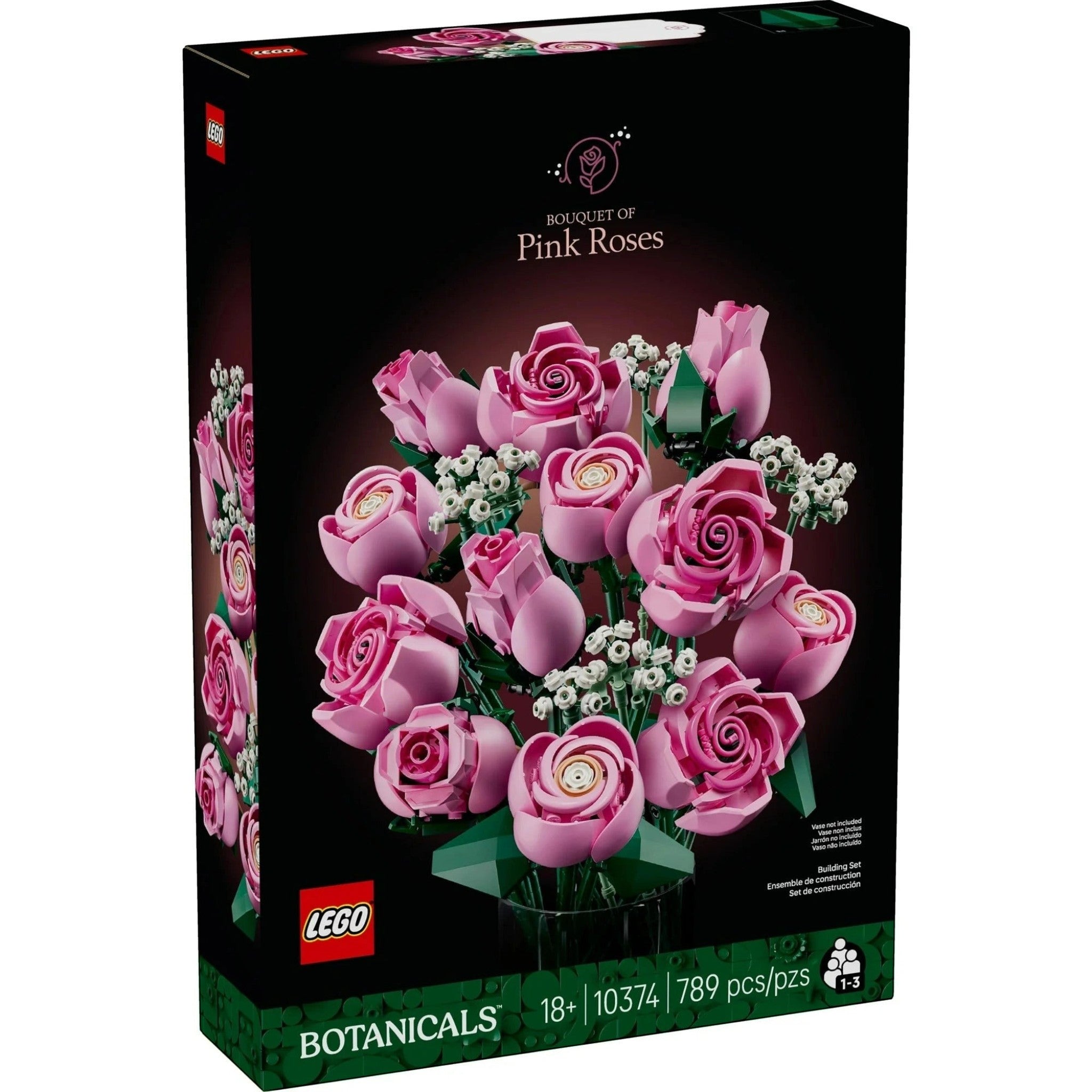 A Brick Apart LEGO Botanicals Bouquet of Pink Roses building set box featuring 12 pink roses and baby's-breath sprigs.