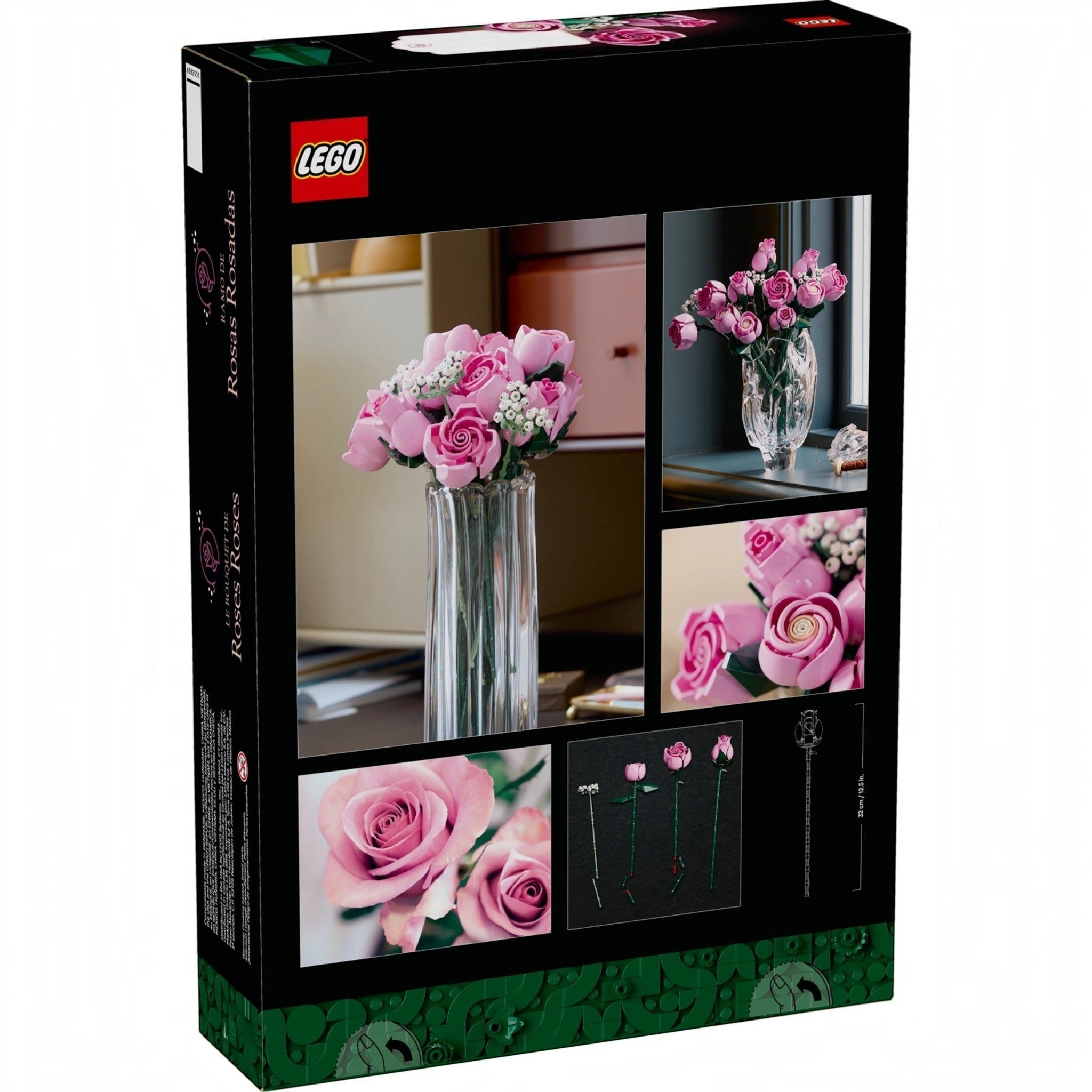 A Brick Apart LEGO Botanicals Bouquet of Pink Roses box showing a finished floral arrangement in a glass vase.
