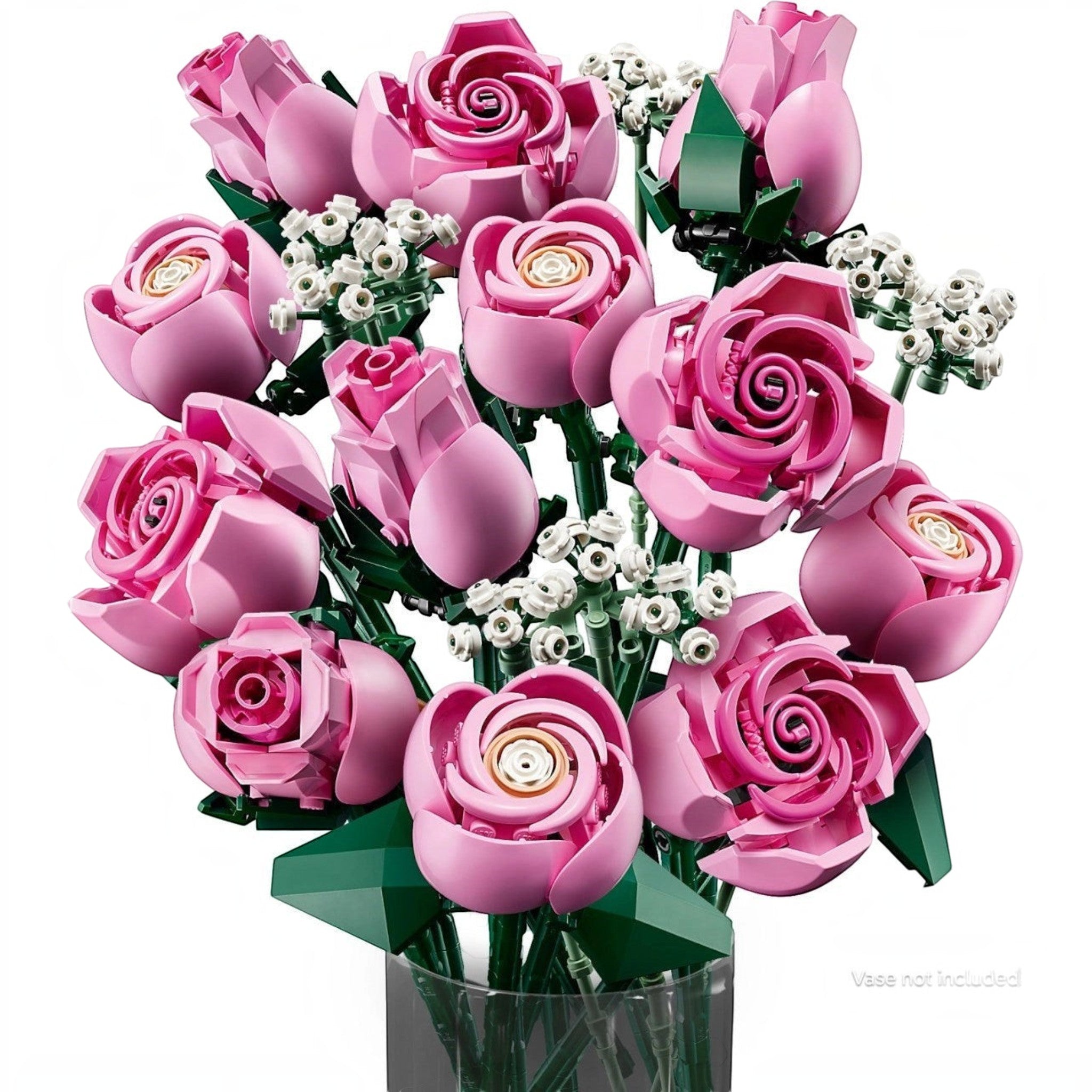 A Brick Apart LEGO Botanicals bouquet of 12 pink roses in various bloom stages with white baby's-breath sprigs.