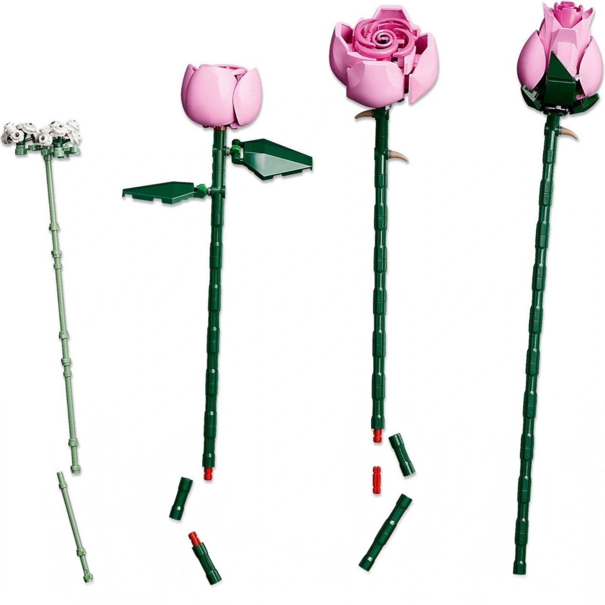 A Brick Apart LEGO Botanicals pink rose bouquet set featuring various stages of rose blooms and white baby's-breath.