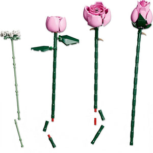 A Brick Apart LEGO Botanicals pink rose bouquet set featuring various stages of rose blooms and white baby's-breath.
