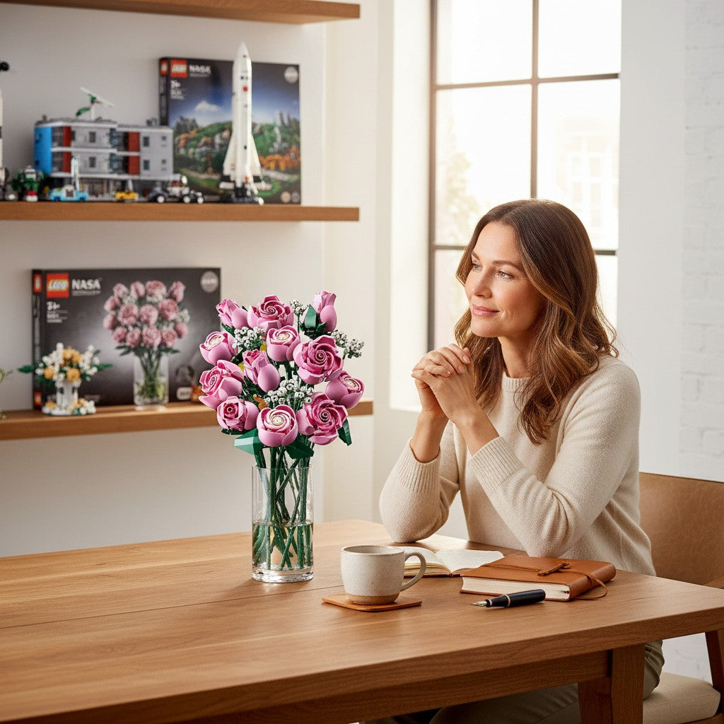 A Brick Apart LEGO Botanicals Bouquet of Pink Roses displayed in a glass vase on a wooden table next to a woman.