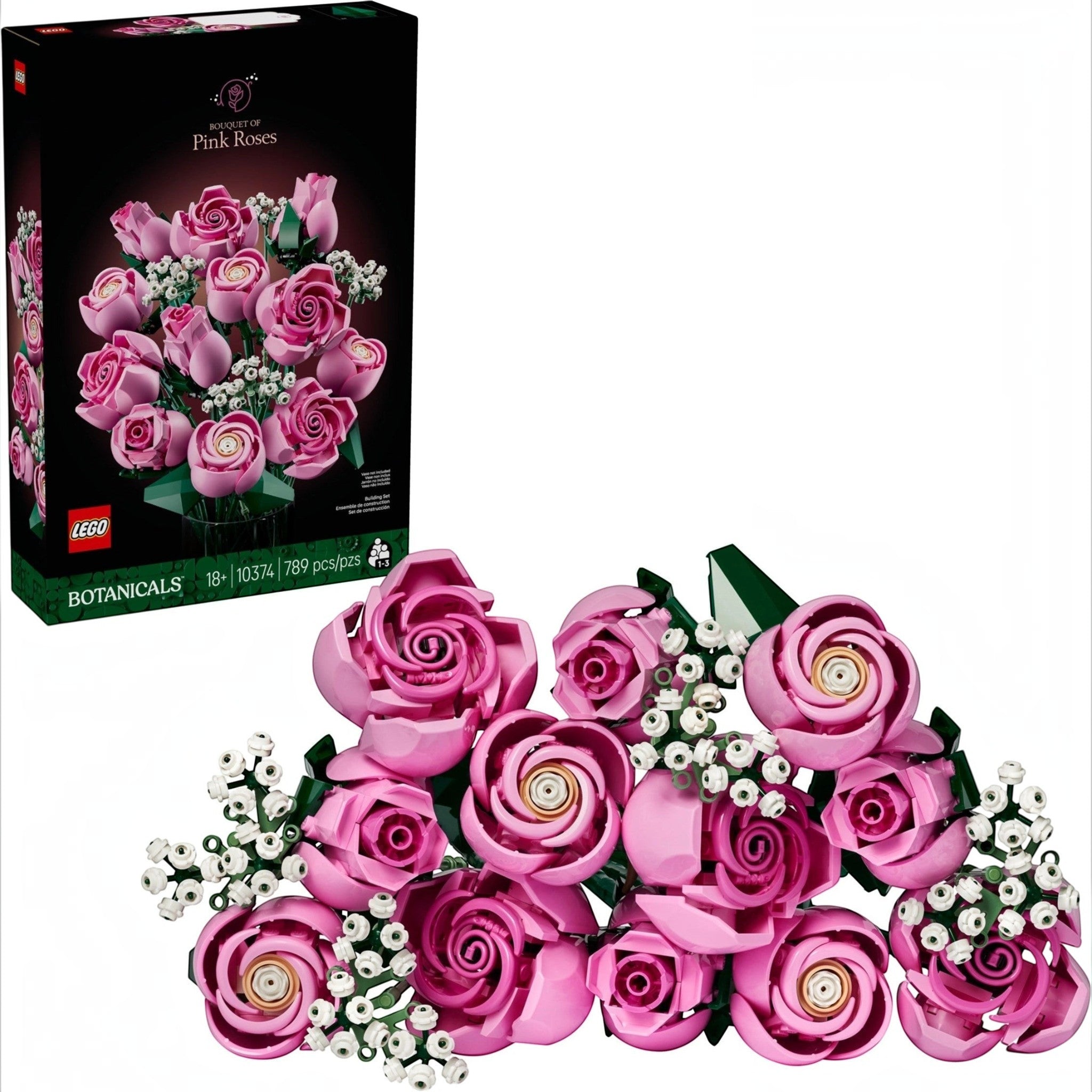 A Brick Apart LEGO Botanicals Bouquet of Pink Roses set featuring 12 pink rose blooms and white baby's-breath sprigs.