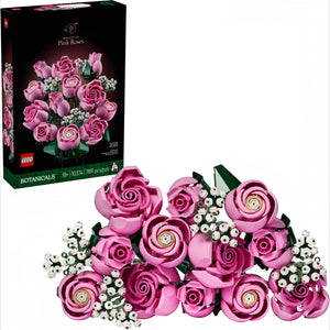 A Brick Apart LEGO Botanicals Bouquet of Pink Roses set featuring 12 pink rose blooms and white baby's-breath sprigs.