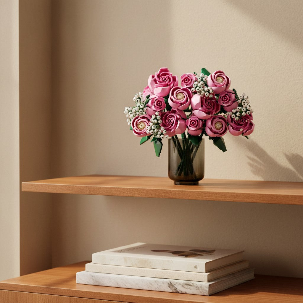 A Brick Apart LEGO Botanicals bouquet of pink roses with white baby's-breath in a glass vase on a wooden shelf.