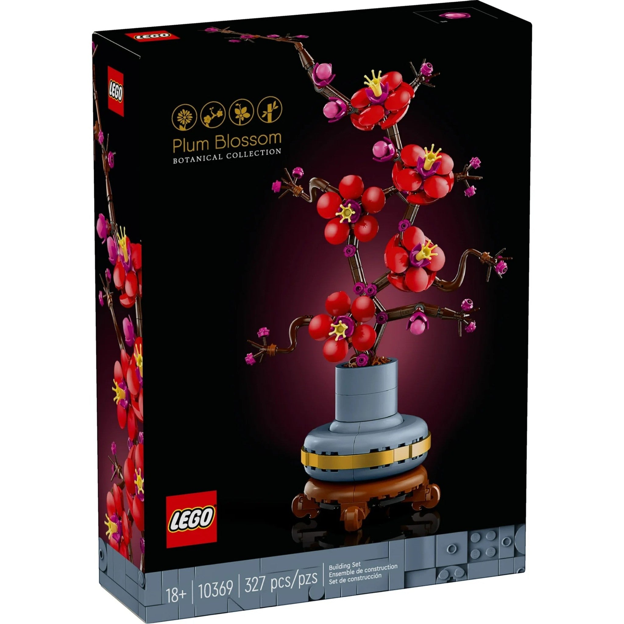 A Brick Apart LEGO Icons Plum Blossom building set box featuring a red and magenta floral display in a blue pot.