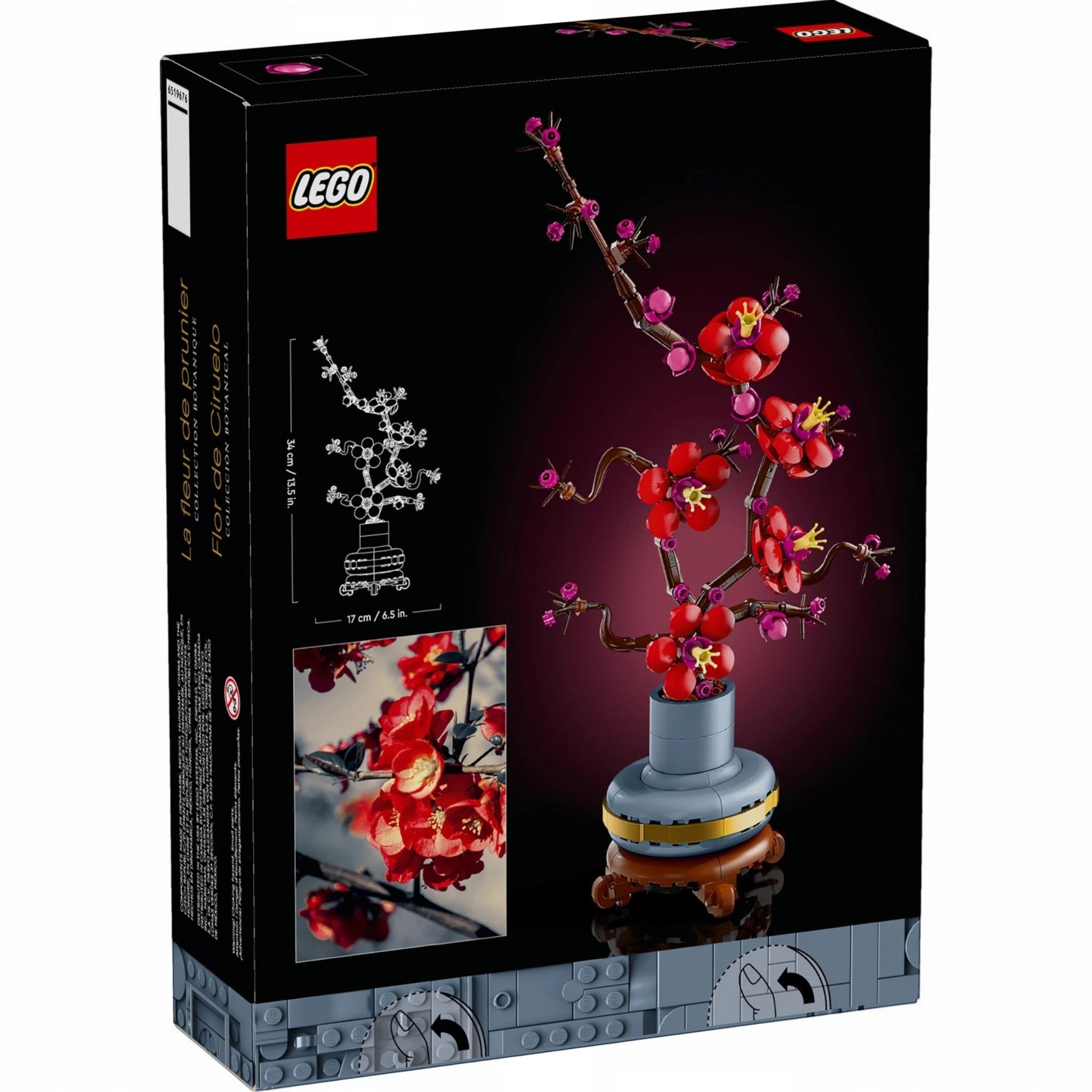 A Brick Apart LEGO Icons Plum Blossom building set box featuring a red and magenta flower model in a blue pot.
