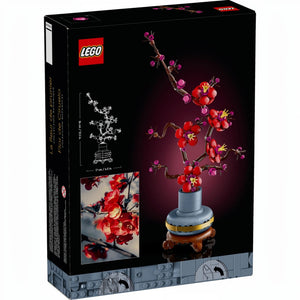 A Brick Apart LEGO Icons Plum Blossom building set box featuring a red and magenta flower model in a blue pot.