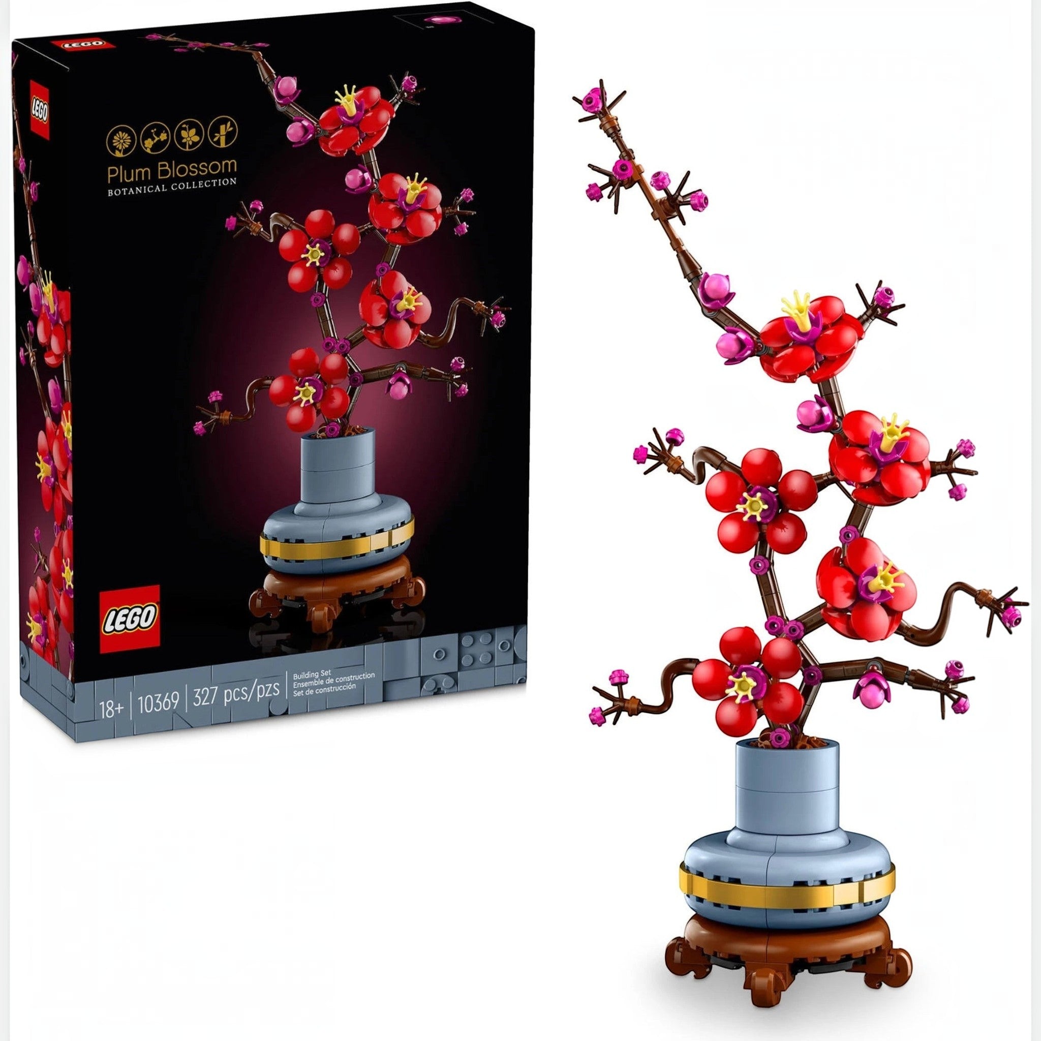 A Brick Apart LEGO Icons Plum Blossom set featuring a buildable red and magenta flower display in a pastel-blue pot.