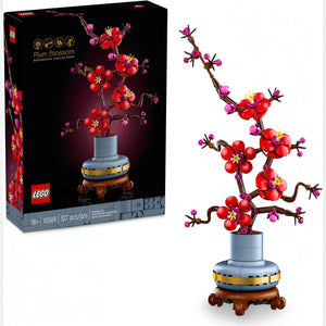 A Brick Apart LEGO Icons Plum Blossom set featuring a buildable red and magenta flower display in a pastel-blue pot.