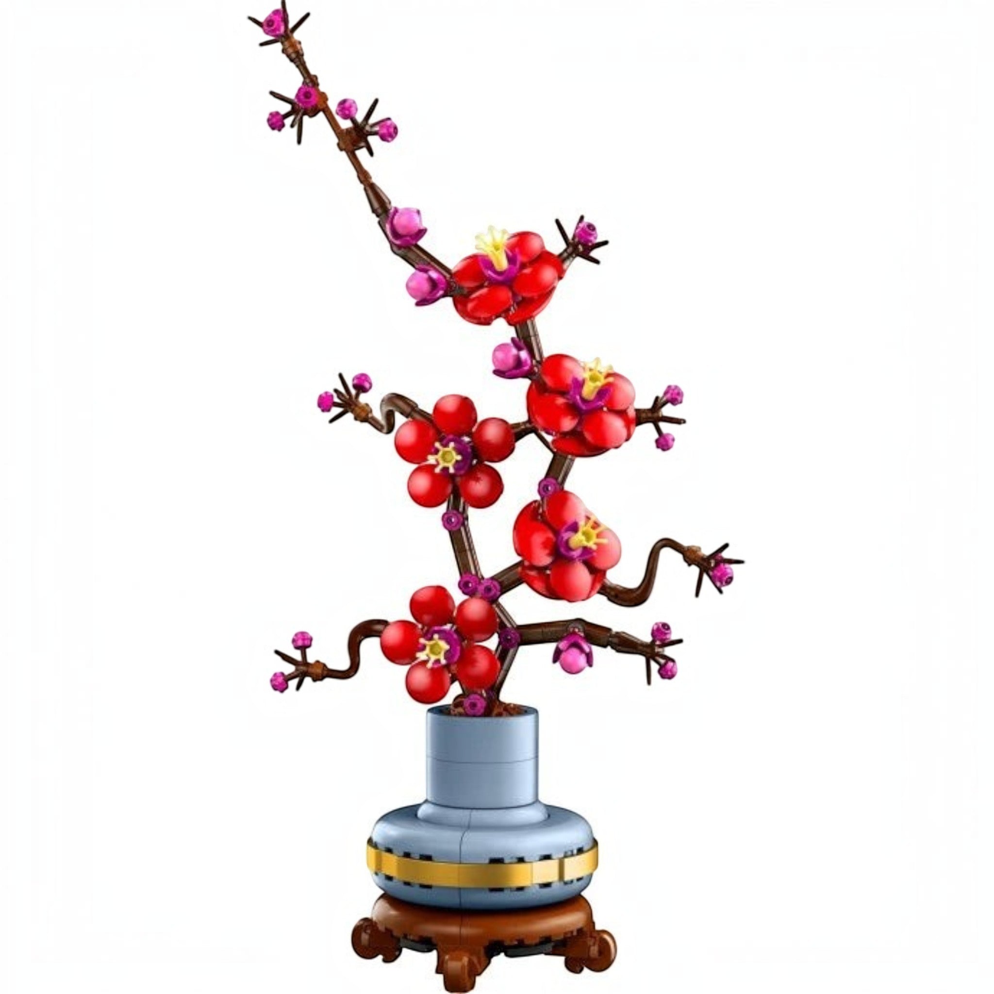 A Brick Apart LEGO Icons Plum Blossom set featuring a woody stem with vivid red and magenta flowers in a pastel-blue pot.