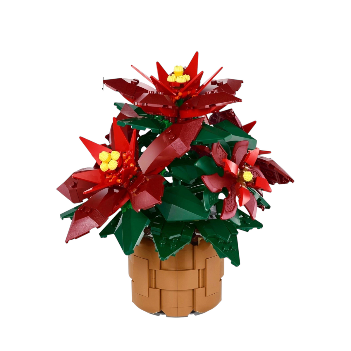 [built-white] A Brick Apart LEGO Icons Poinsettia building set featuring vibrant red leaves and green foliage in a brown pot.