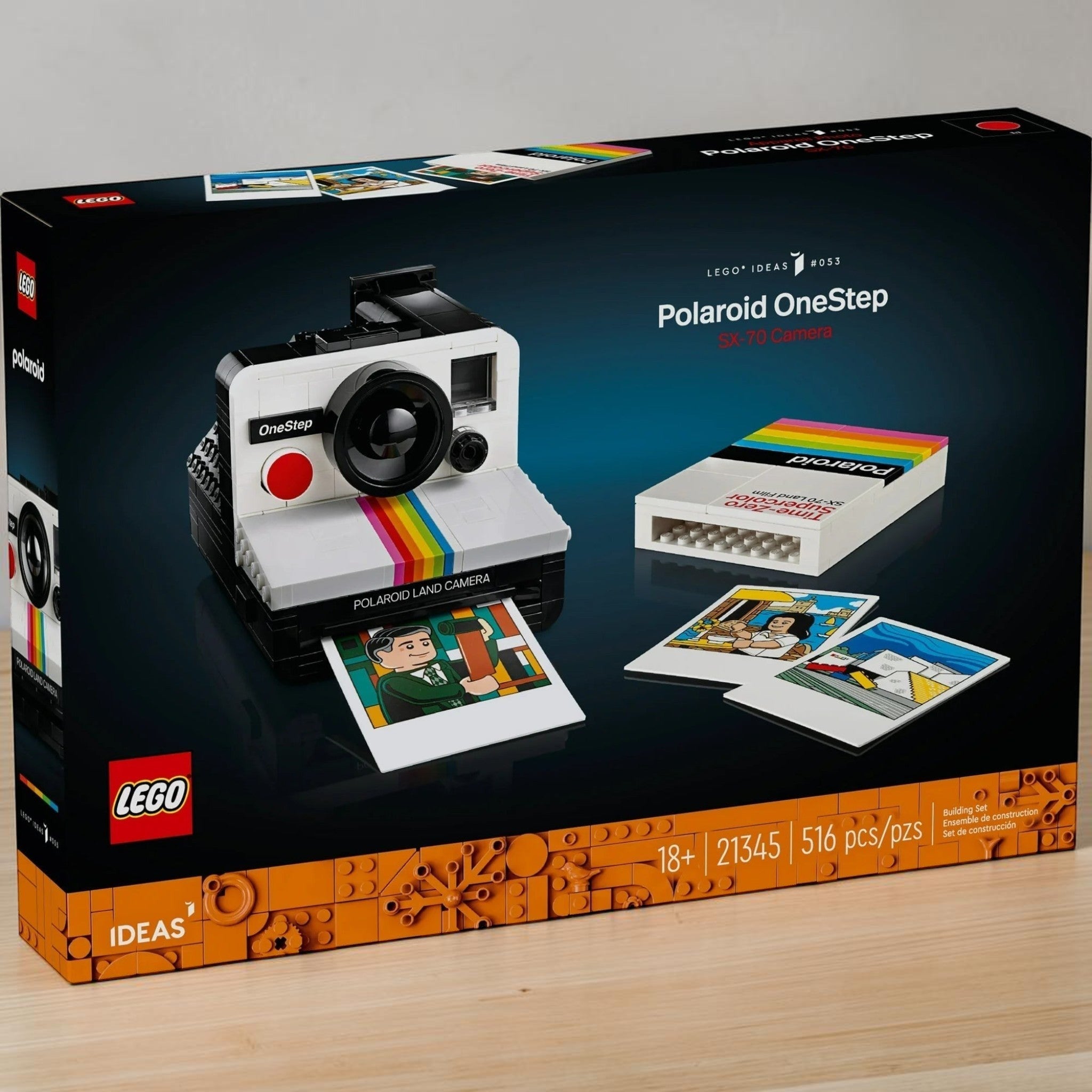 A Brick Apart LEGO Ideas Polaroid OneStep SX-70 camera set box showing the buildable vintage camera and photo prints.
