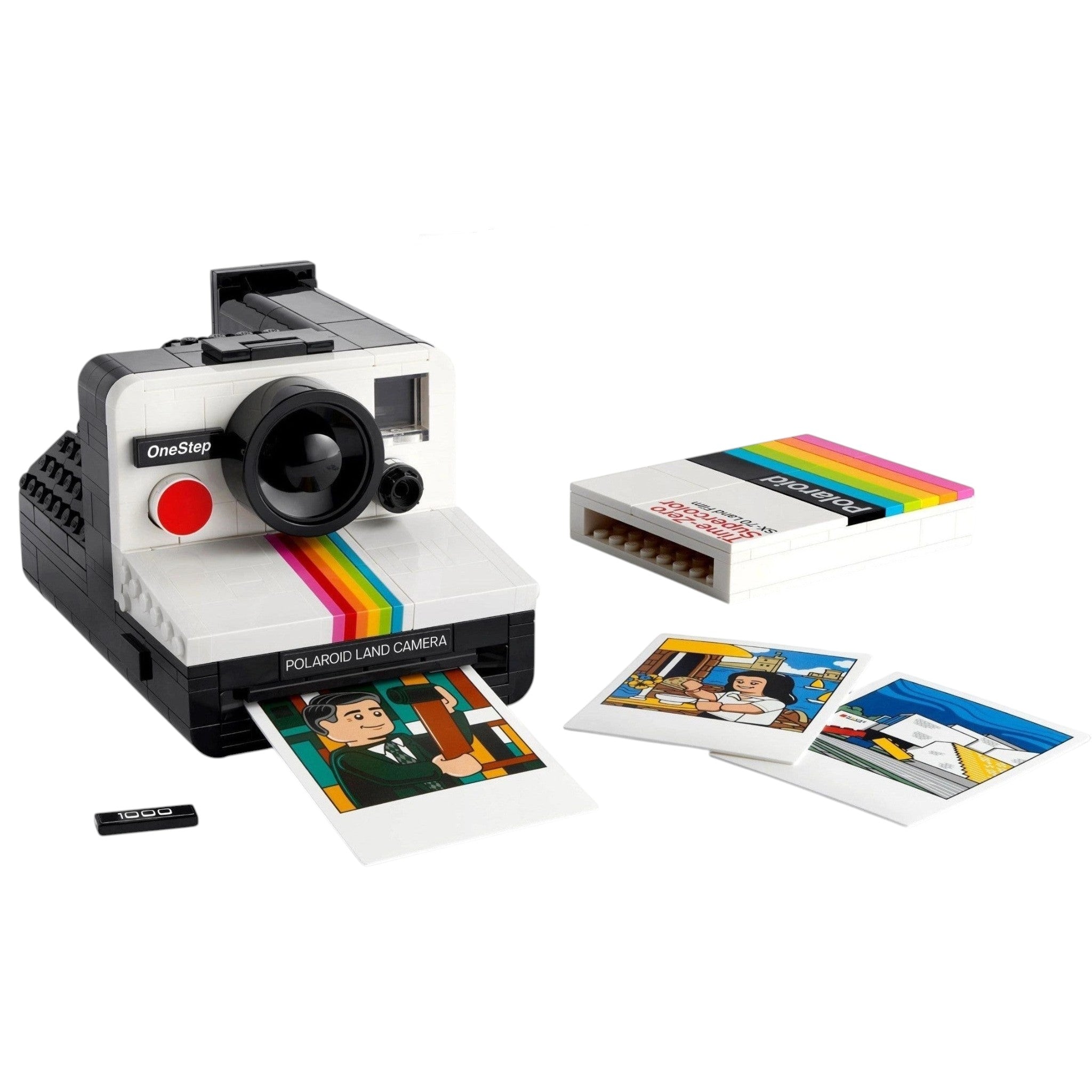 A Brick Apart LEGO Ideas Polaroid OneStep SX-70 camera set with a buildable film pack and three illustrated photos.