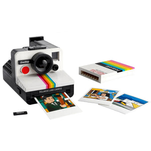 A Brick Apart LEGO Ideas Polaroid OneStep SX-70 camera set with a buildable film pack and three illustrated photos.