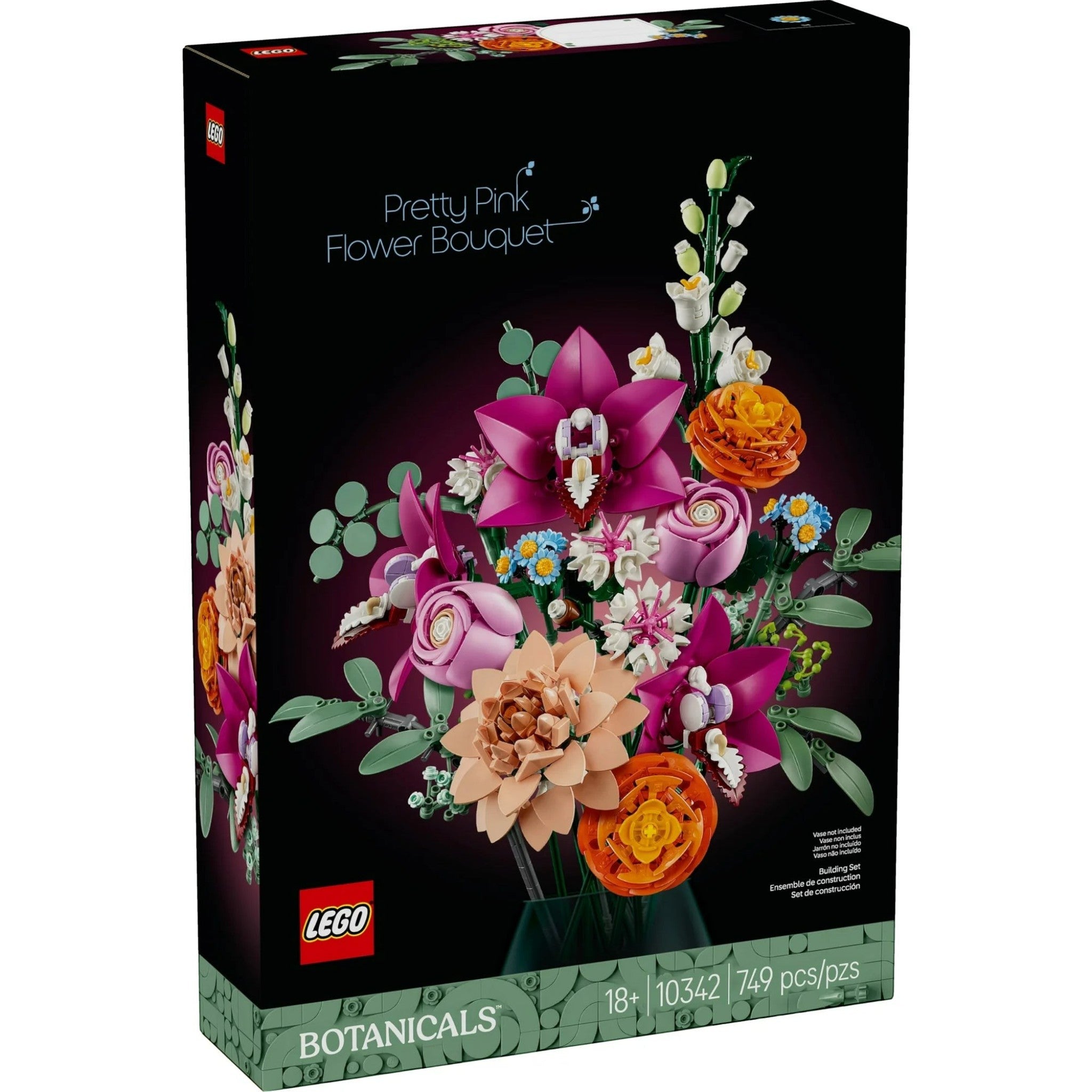 A Brick Apart LEGO Botanicals Pretty Pink Flower Bouquet building set box featuring a vibrant floral arrangement.