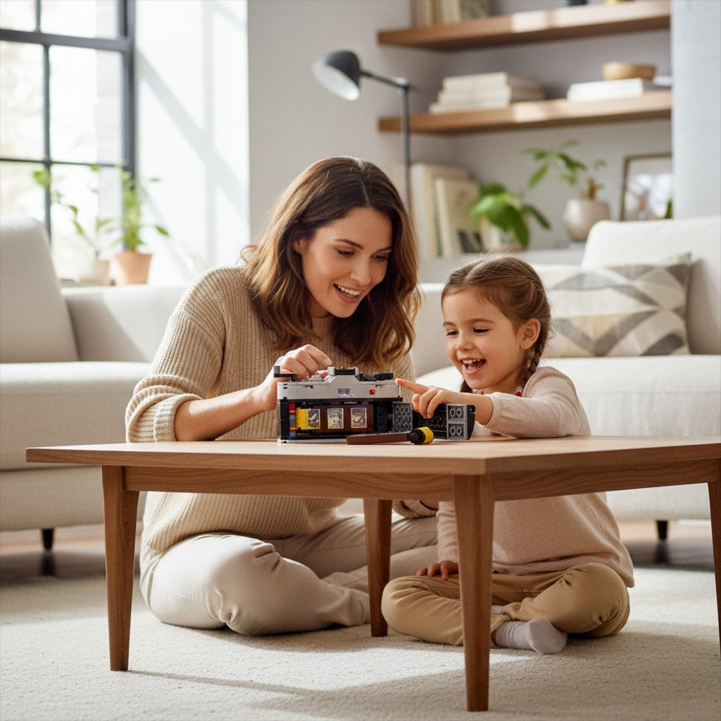 [lifestyle-person] A Brick Apart mother and daughter building the LEGO Creator Retro Camera set together on a wooden coffee table.