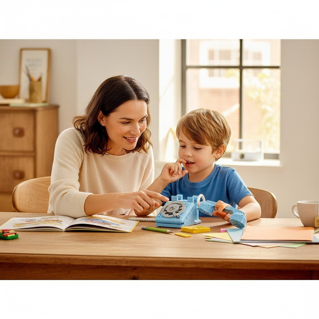 [lifestyle-person] A Brick Apart LEGO Creator Retro Telephone being built by a mother and son at a wooden table in a bright room.
