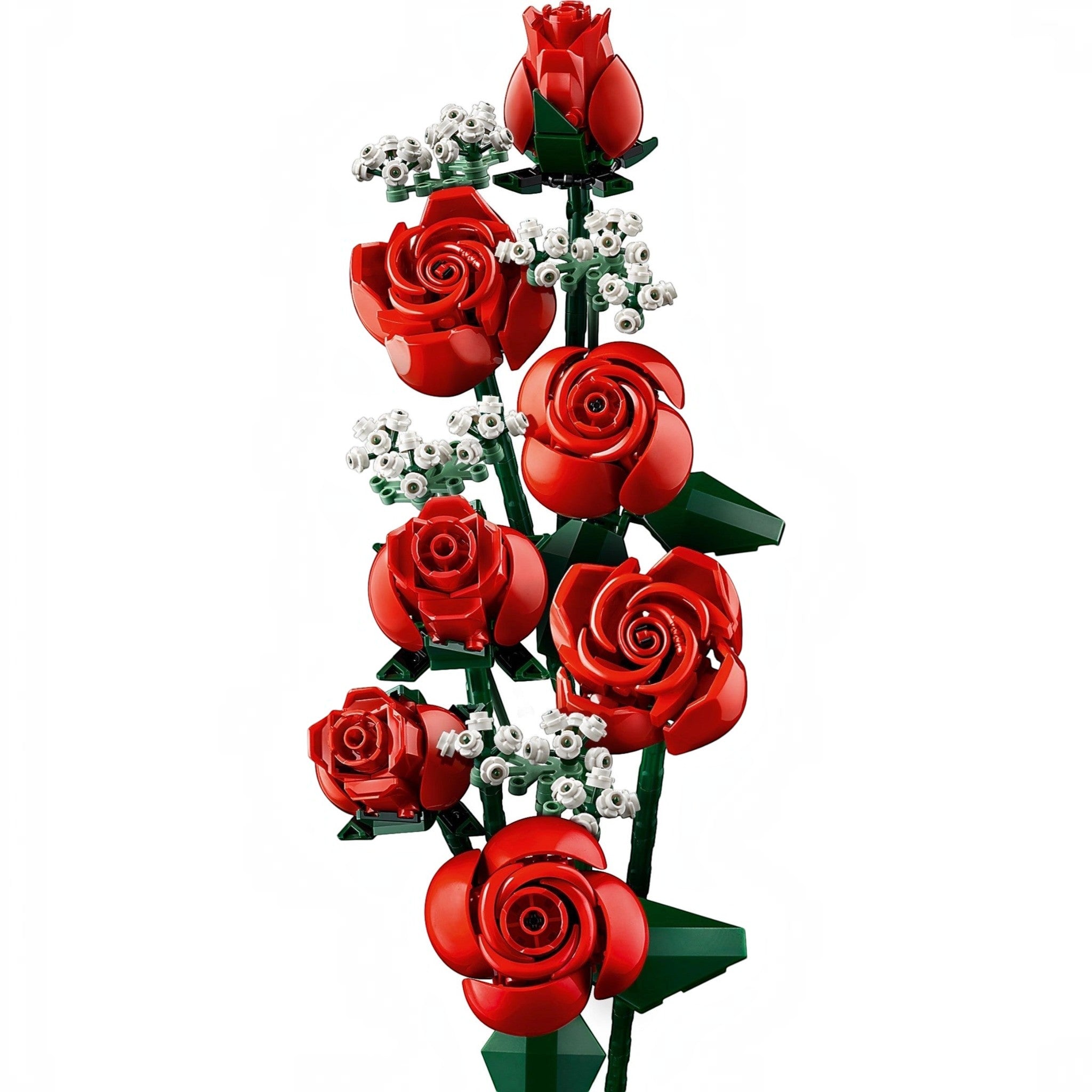 A Brick Apart LEGO Icons Bouquet of Roses featuring red brick-built roses in various blooming stages with green stems.