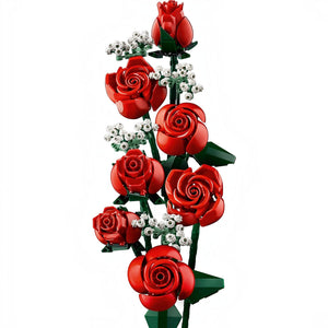 A Brick Apart LEGO Icons Bouquet of Roses featuring red brick-built roses in various blooming stages with green stems.
