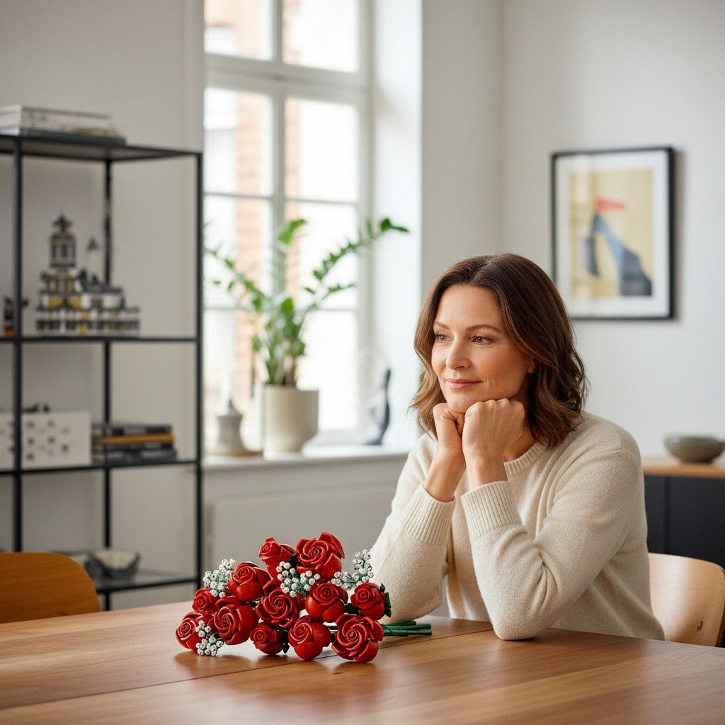 A Brick Apart LEGO Icons Bouquet of Roses set displayed on a wooden table with a woman smiling in the background.