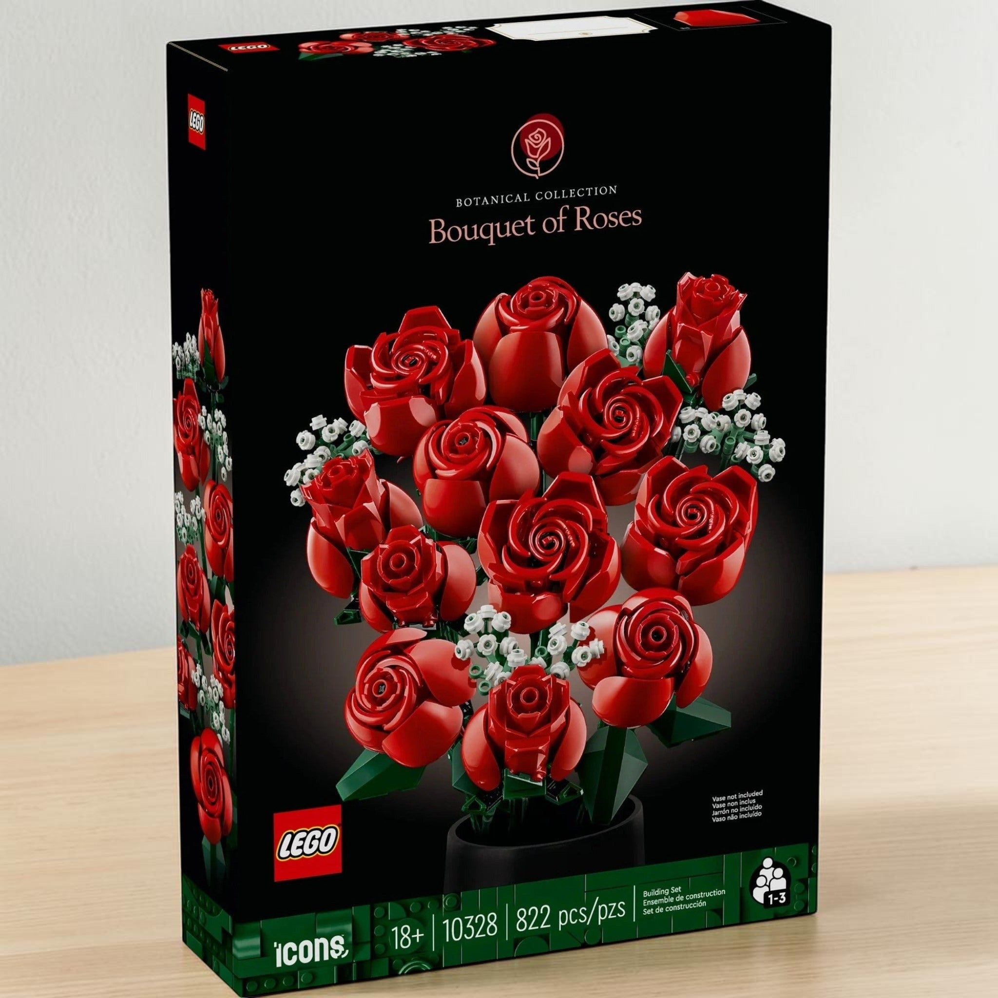 A Brick Apart LEGO Icons Bouquet of Roses building set box featuring twelve red roses and white baby's breath flowers.