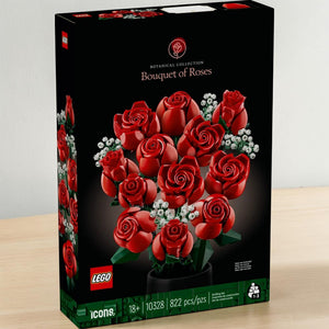 A Brick Apart LEGO Icons Bouquet of Roses building set box featuring twelve red roses and white baby's breath flowers.