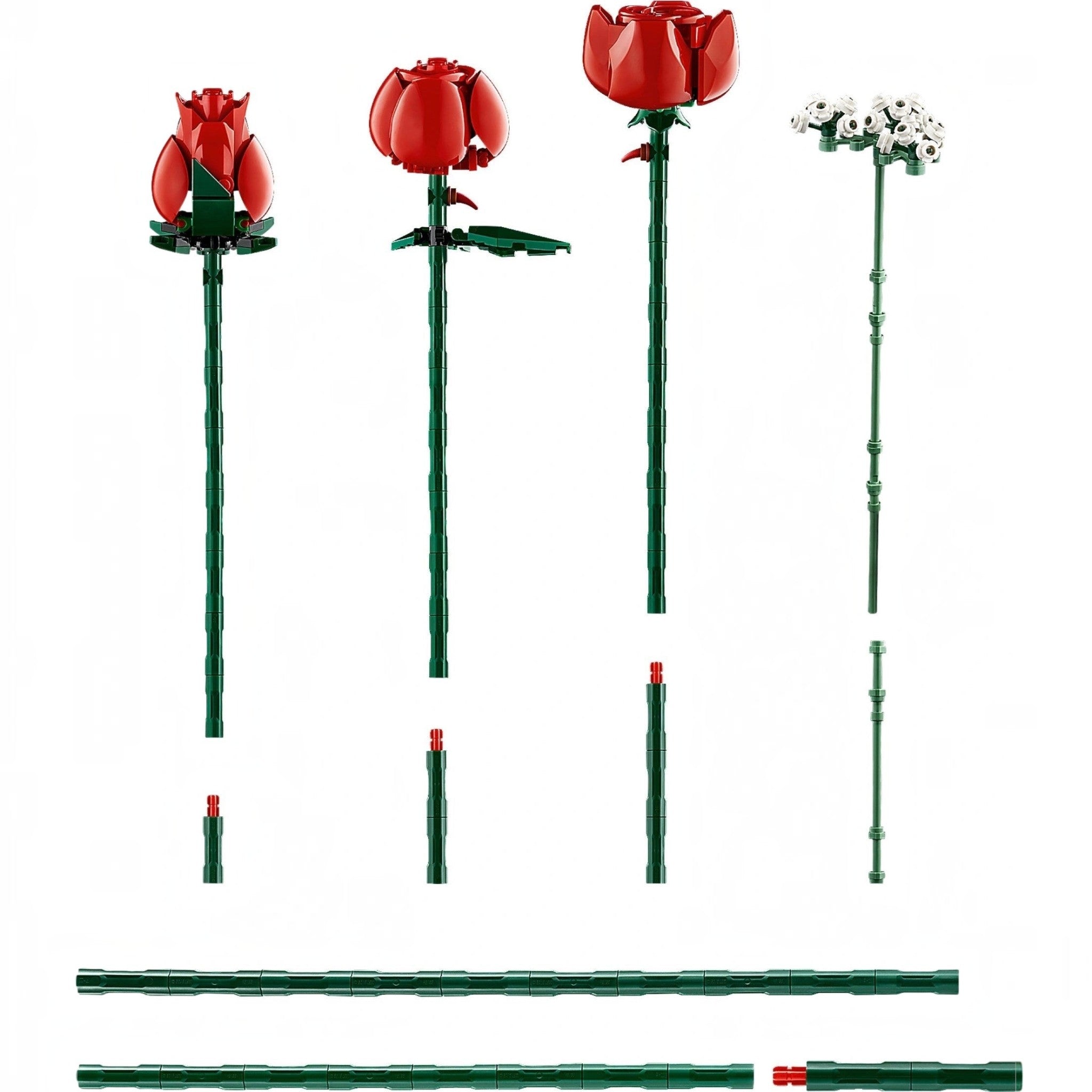 A Brick Apart LEGO Icons Bouquet of Roses set showing red rose stems at different blooming stages and white baby breath