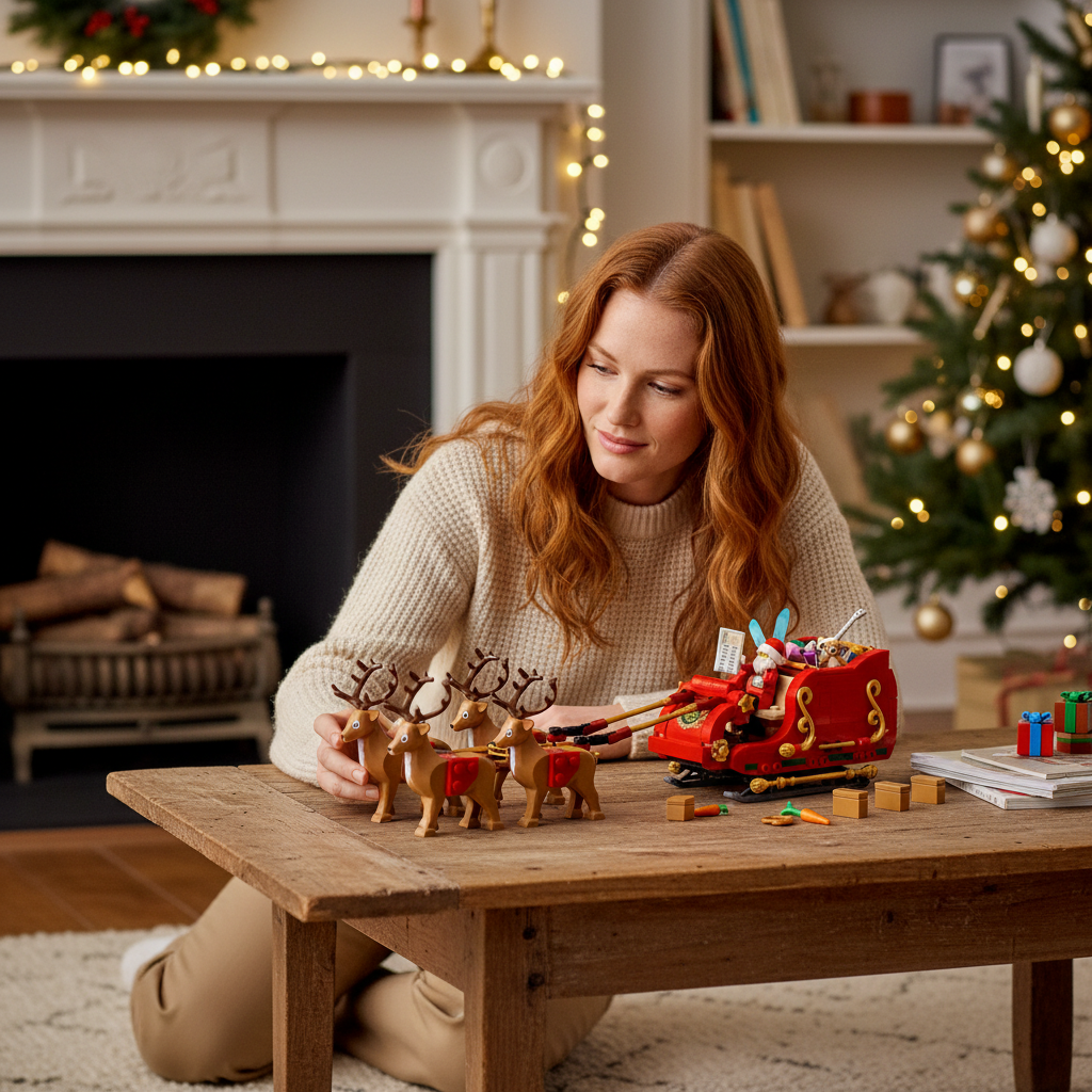 [lifestyle-person] A Brick Apart LEGO Santa's Sleigh set with four reindeer figures and a Santa minifigure on a wooden table.