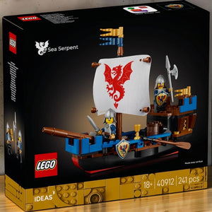 A Brick Apart LEGO Ideas Sea Serpent ship model box featuring a medieval knight minifigure and a dragon-printed sail.