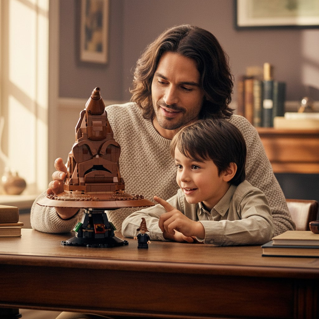 A Brick Apart LEGO Harry Potter Talking Sorting Hat set being assembled by a father and son at a wooden table