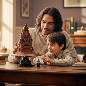 A Brick Apart LEGO Harry Potter Talking Sorting Hat set being assembled by a father and son at a wooden table