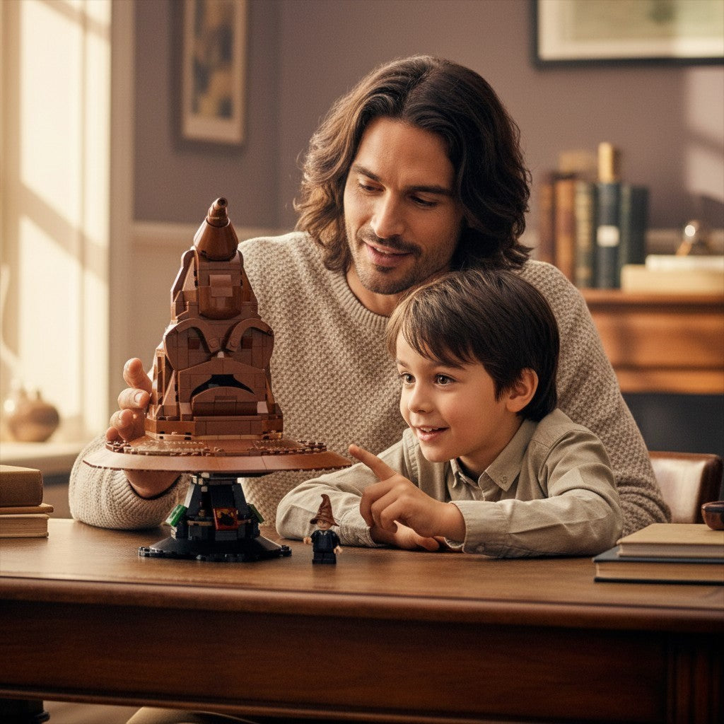 [lifestyle-person] A Brick Apart LEGO Harry Potter Talking Sorting Hat set being assembled by a father and son at a wooden table