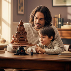 [lifestyle-person] A Brick Apart LEGO Harry Potter Talking Sorting Hat set being assembled by a father and son at a wooden table