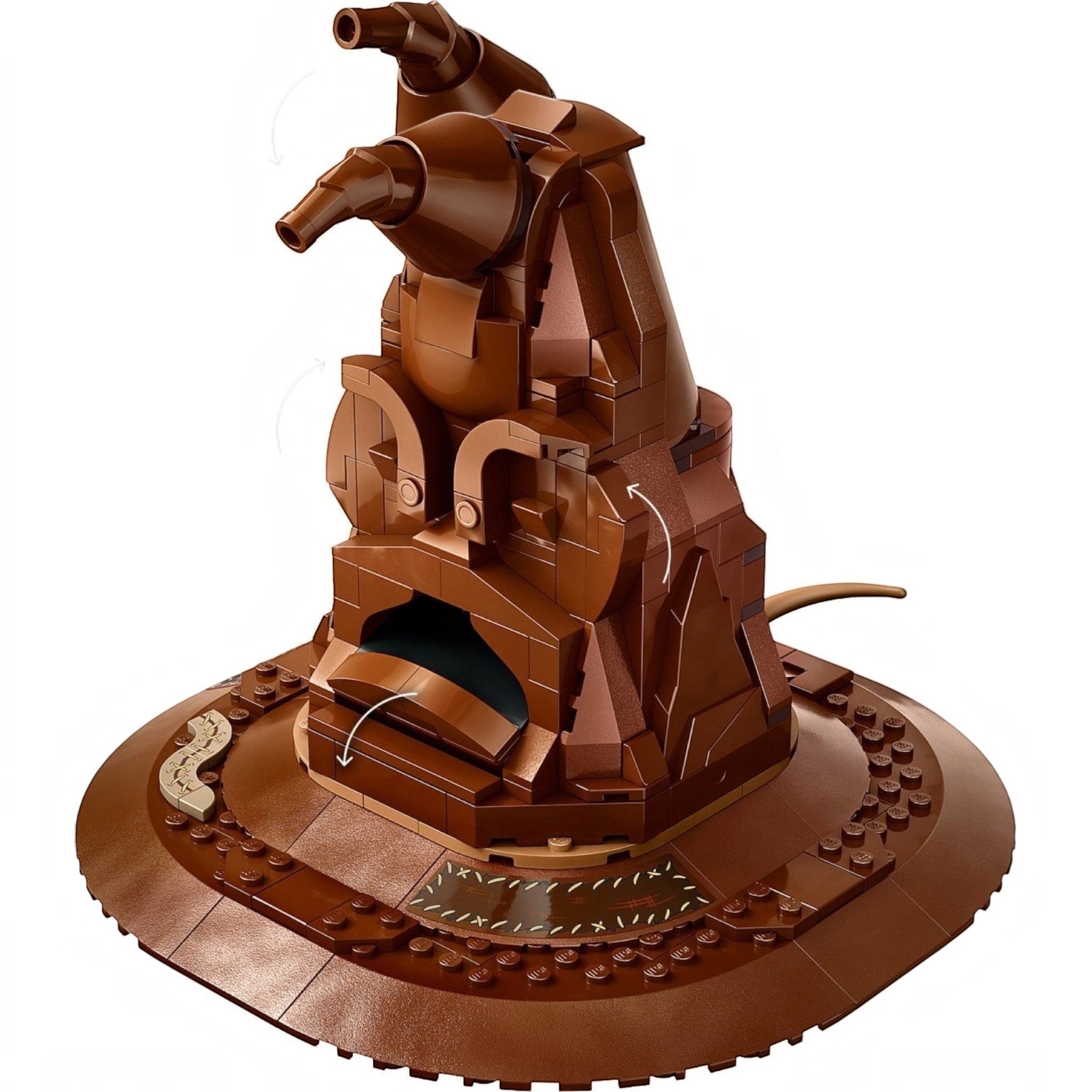 A Brick Apart LEGO Harry Potter Talking Sorting Hat set featuring a brown buildable hat on a display stand.