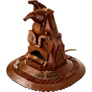 [built-white] A Brick Apart LEGO Harry Potter Talking Sorting Hat set featuring a brown buildable hat on a display stand.
