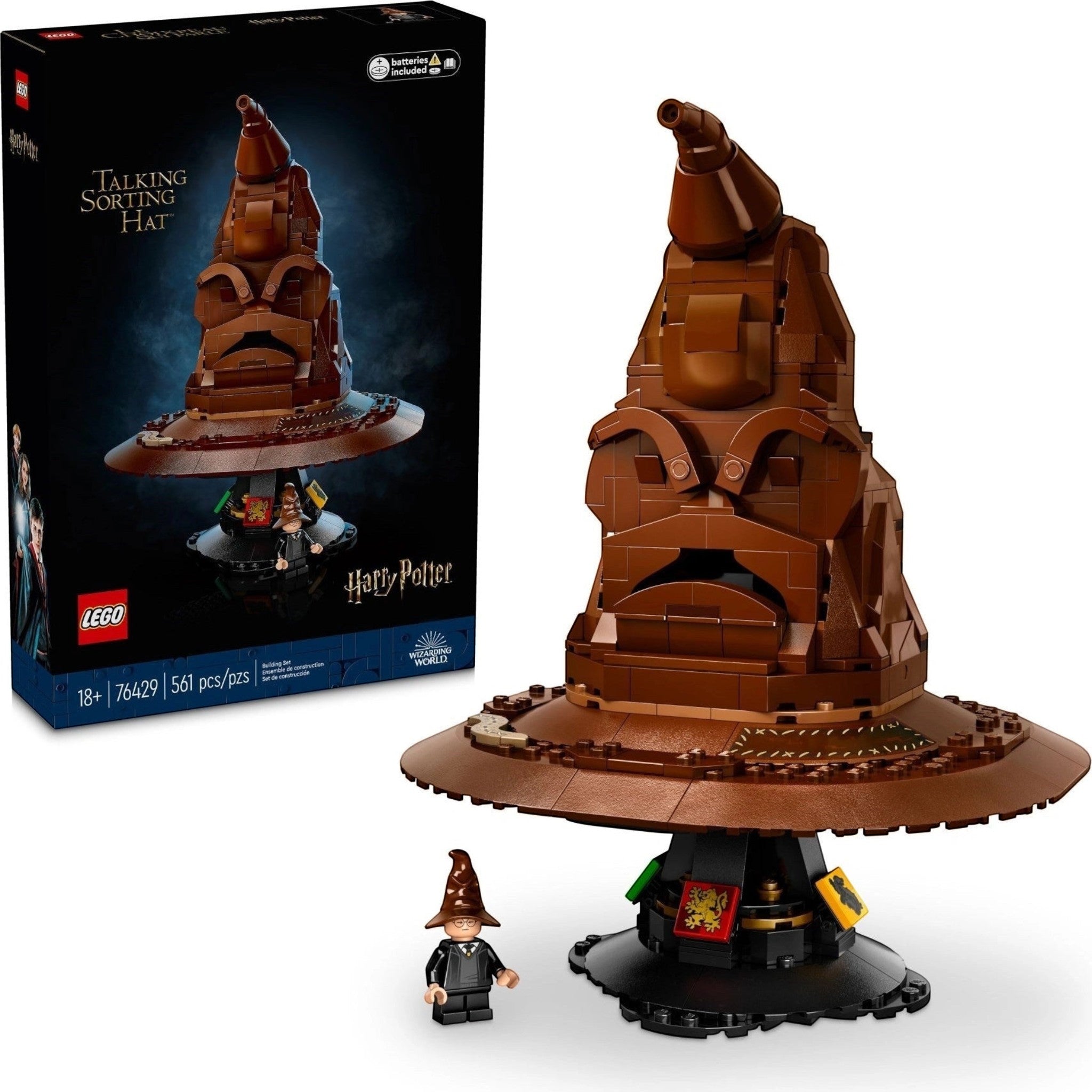 A Brick Apart LEGO Harry Potter Talking Sorting Hat set with display stand, house crests, and Harry Potter minifigure.