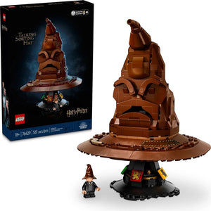 A Brick Apart LEGO Harry Potter Talking Sorting Hat set with display stand, house crests, and Harry Potter minifigure.
