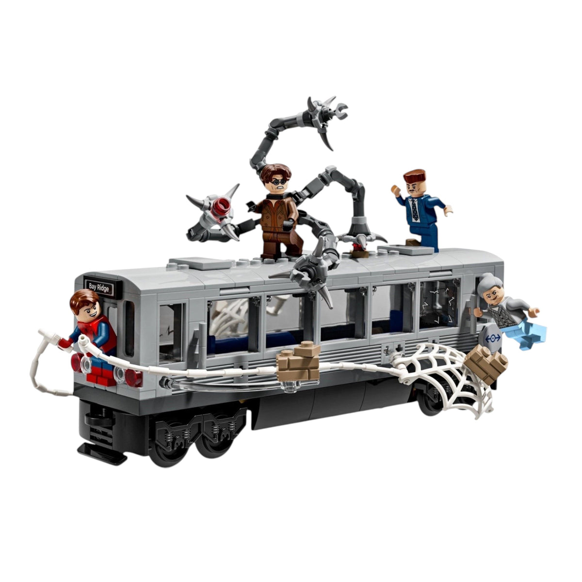 [built-white] A Brick Apart LEGO Marvel Spider-Man vs. Doc Ock subway train set with minifigures and web accessories on display.